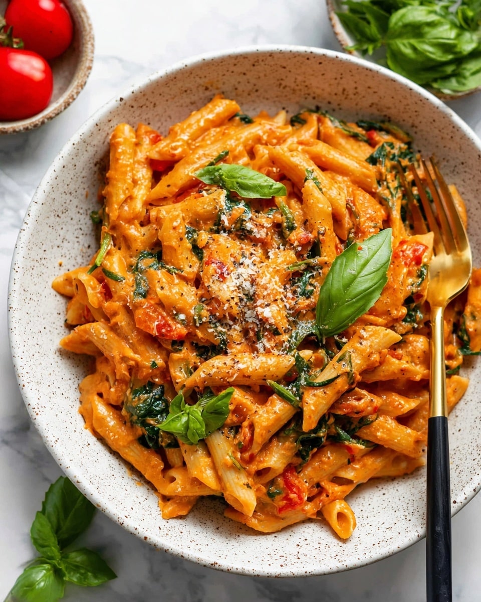 A white speckled bowl filled with three layers of penne pasta coated in a bright orange creamy tomato sauce mixed with wilted green spinach leaves and small pieces of red tomato. The pasta is topped with grated white cheese and freshly ground black pepper. Bright green basil leaves are placed on top and scattered around the pasta. A gold and black fork rests on the right side inside the bowl. In the background, there is a small bowl with fresh green leaves and a halved cherry tomato on a white marbled surface photo taken with an iphone --ar 4:5 --v 7