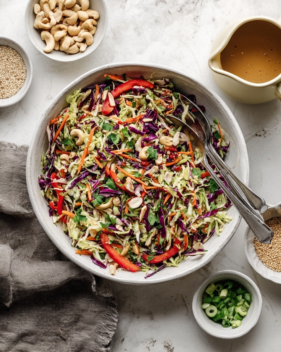 A large white bowl filled with a colorful salad made of shredded green and purple cabbage, thin orange carrot sticks, sliced red bell peppers, and chopped fresh green herbs, all mixed together with a light dressing creating a slightly shiny texture. Two metal spoons rest in the bowl, partially submerged in the salad. Around the bowl, placed on a white marbled surface, are small white bowls holding whole cashews, sliced almonds, and chopped green onions, with a small dish of sesame seeds nearby. A cream-colored jug with a brown sauce is also on the side. A grey cloth is draped near the bottom left corner. Photo taken with an iphone --ar 4:5 --v 7