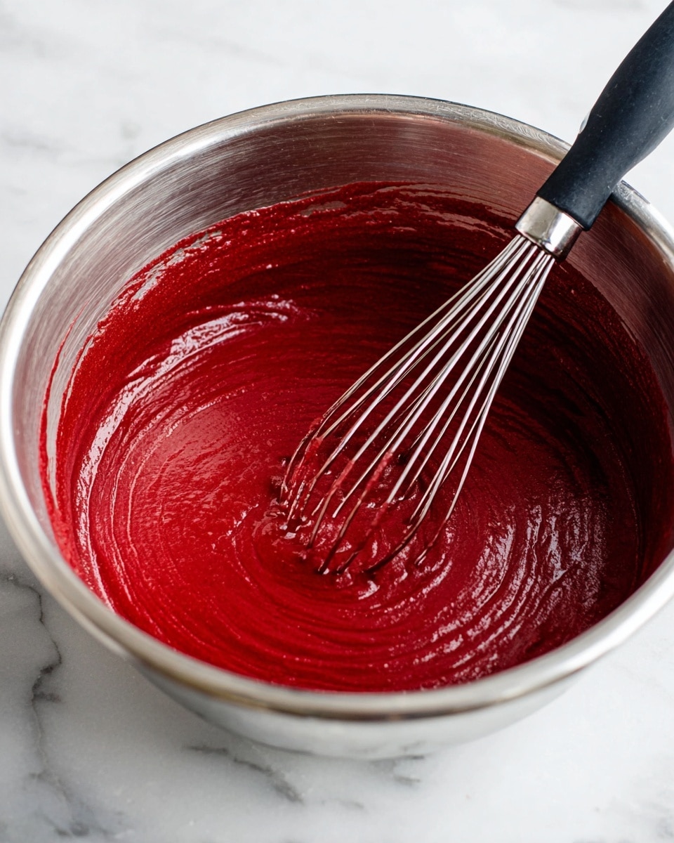 A shiny metal bowl sits on a white marbled surface, filled with smooth, deep red batter that has a slightly thick texture. A silver whisk with a black handle rests inside the bowl, partially coated with the red batter. The batter clings lightly to the sides of the bowl, showing streaks and swirls from stirring. The background is softly blurred with the white marble texture visible beneath the bowl. photo taken with an iphone --ar 4:5 --v 7