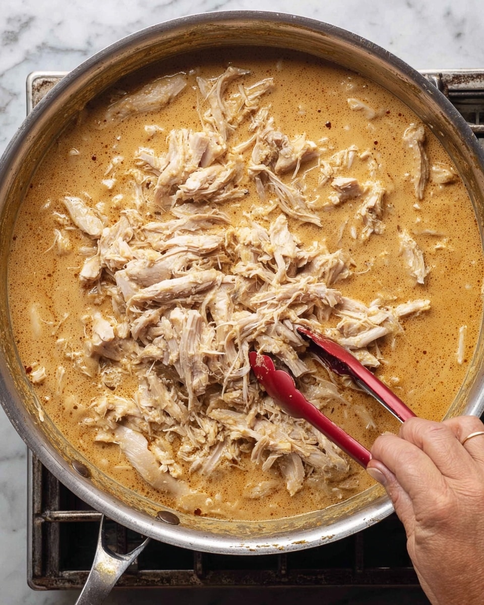 A large silver pan filled with a thick, light brown sauce as the base layer, with shredded white meat scattered unevenly on top, some pieces dipped into the sauce. A woman's hand holding red-tipped tongs is mixing the shredded meat into the sauce, showing a mix of textures – the smooth, creamy sauce contrasting with the fibrous meat. The pan is placed on a stove with a visible metal grate underneath, and the overall setting has a white marbled surface. Photo taken with an iphone --ar 4:5 --v 7