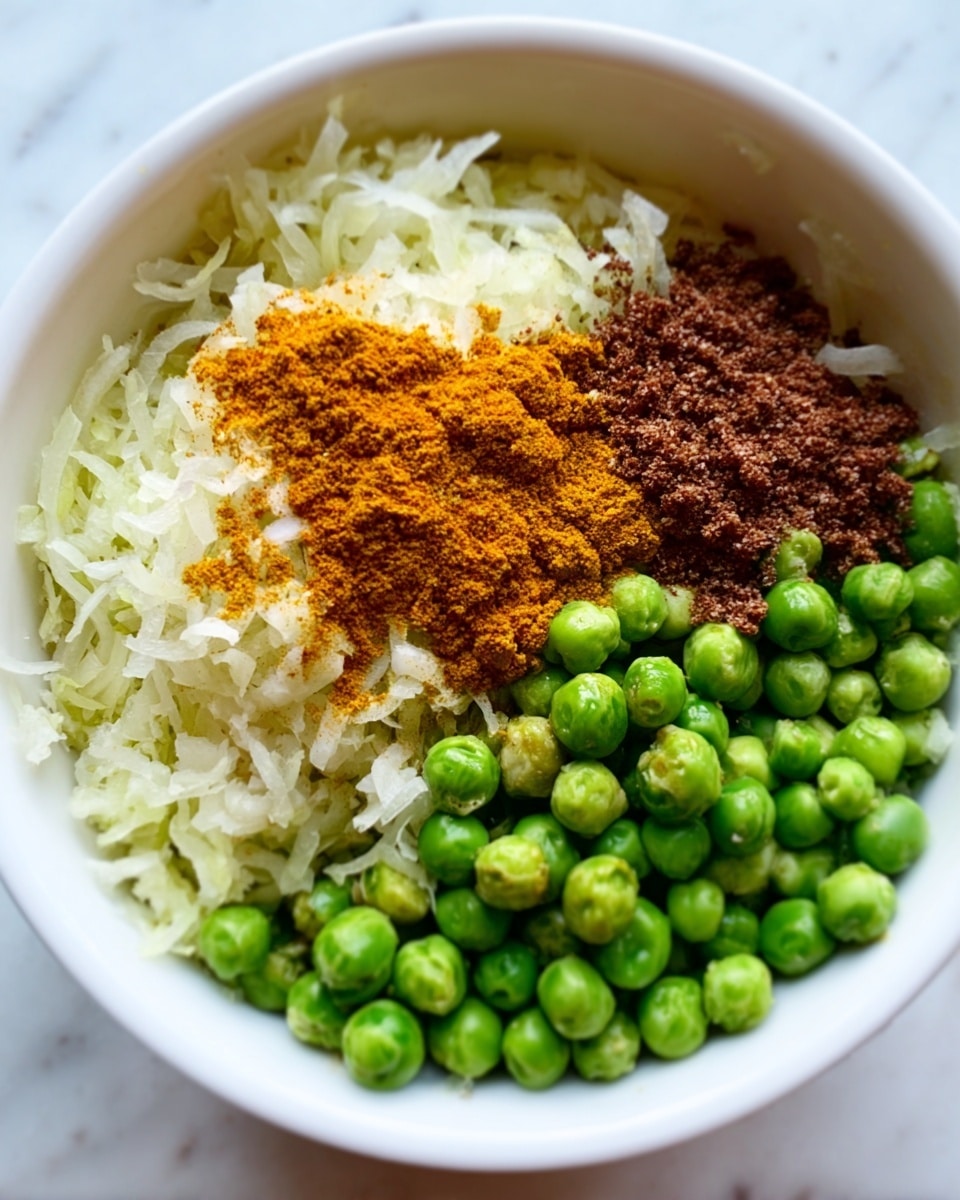 A white bowl filled with several layers of ingredients on a white marbled surface. The bottom layer consists of light cream-colored shredded onions, topped on the left side with bright orange turmeric powder and dark brown cocoa or spice powder. To the right side, there are small round green peas, some fresh and bright green, creating a strong contrast against the onions. The textures vary between soft onions, the powdery spices, and firm peas, all together in a close-up shot. Photo taken with an iphone --ar 4:5 --v 7