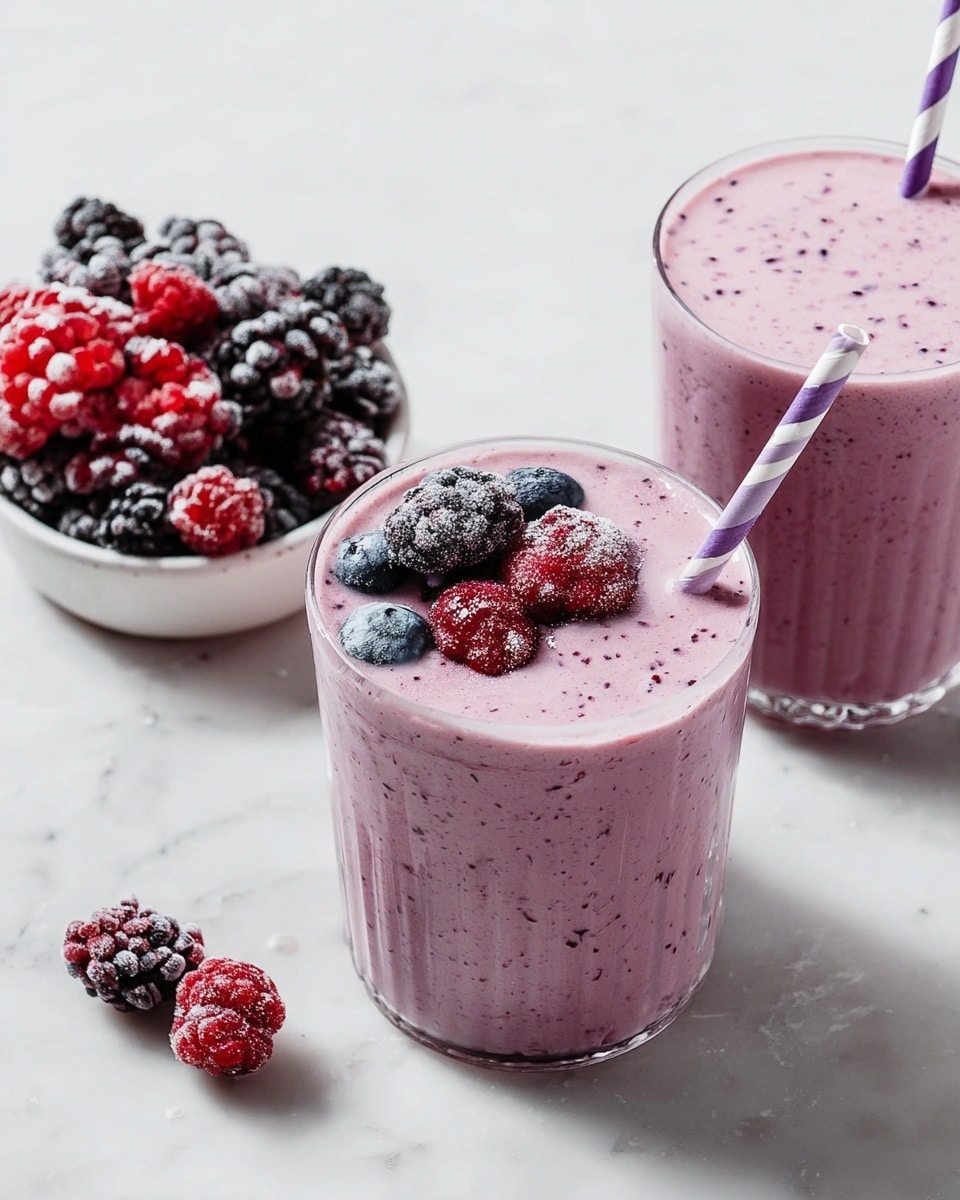Two clear glasses filled with a light purple smoothie speckled with tiny darker bits sit on a white marbled surface. Each glass has a purple and white striped paper straw sticking out from the top. The smoothie in the glass on the left is topped with several frozen berries including blackberries, raspberries, and a blueberry, giving it a textured and colorful finish. Behind the glasses, there is a small clear white bowl filled with more frozen berries, including blackberries and raspberries, adding a rich dark red and purple color contrast to the scene. The light and airy texture of the smoothie is visible, with tiny bubbles and a creamy appearance. Photo taken with an iphone --ar 4:5 --v 7