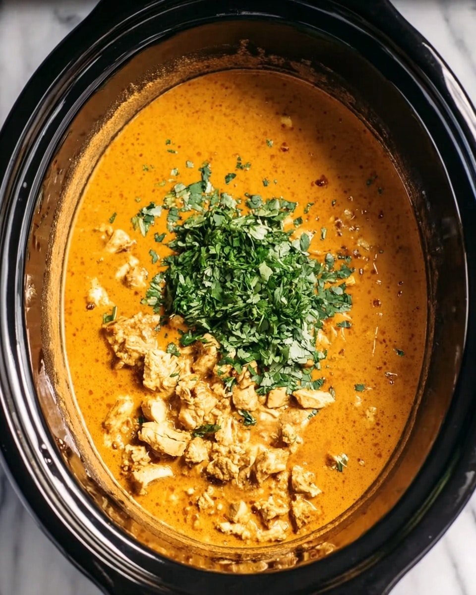 The image shows a black slow cooker filled with a creamy orange curry that has a smooth texture. Inside the curry, there are small pieces of cooked chicken scattered all over. In the middle, there is a mound of finely chopped bright green herbs, likely cilantro, adding a fresh touch to the dish. The slow cooker sits on a white marbled surface, and the rich colors of the curry and herbs contrast well with the dark pot. photo taken with an iphone --ar 4:5 --v 7