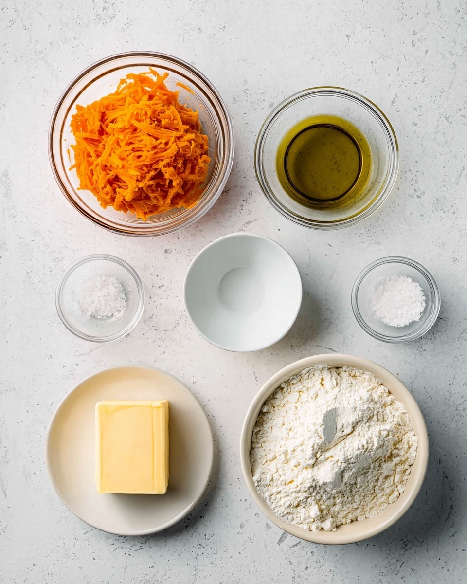The image shows six small bowls on a white marbled surface, each with different ingredients. In the top left, a clear glass bowl holds a large pile of bright orange shredded cheese with a rough texture. To its right, a small white bowl contains a smooth olive-green liquid, likely oil. Below that, an empty small white bowl sits clean and plain. On the bottom left, a small white bowl holds a thick, rectangular piece of pale yellow butter. To its right, a round, white bowl is filled with powdery, white flour, piled high and textured with small clumps. Above the butter, a small clear glass bowl contains coarse white salt. All the bowls are neatly arranged with space between them. photo taken with an iphone --ar 4:5 --v 7