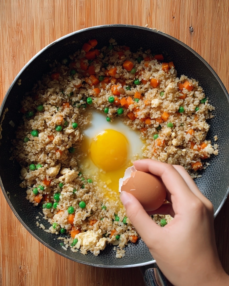 A cooking pan sits on a wooden surface with fried rice on one side, made of light brown grains mixed with small orange carrot cubes and green peas, creating a colorful textured layer that covers about two-thirds of the pan. In the center, a bright yellow raw egg yolk with translucent egg white spreads out on the other side of the pan. Below, a woman’s hand is breaking an eggshell to add the egg into the pan. The pan has a dark non-stick surface with a honeycomb pattern visible underneath the food. photo taken with an iphone --ar 4:5 --v 7