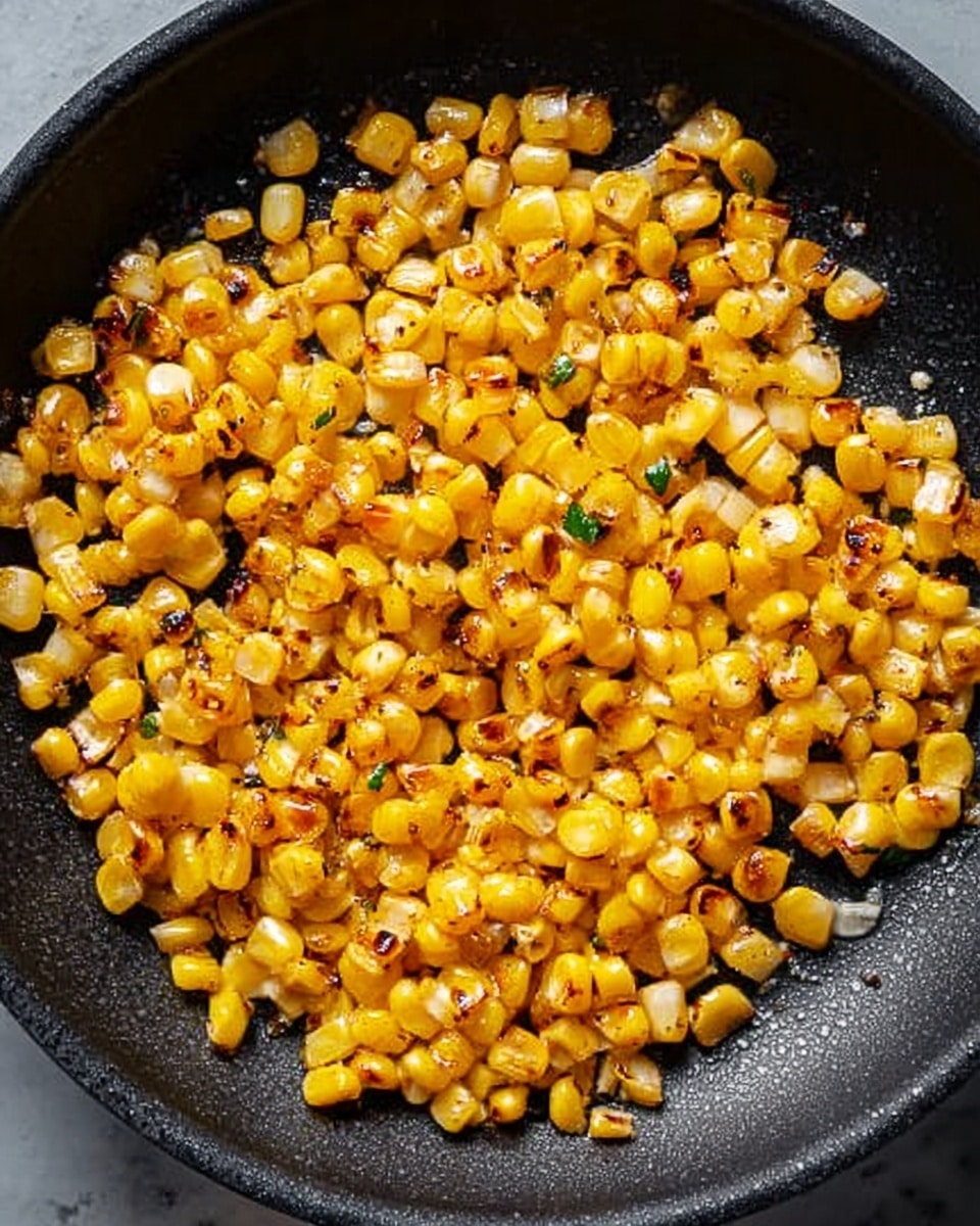 A close-up view of a black frying pan filled with bright yellow corn kernels cooked until they have small brown grill marks and a few black pepper specks on top, with some tiny bits of green herbs mixed in. The corn is spread evenly across the pan surface, showing a shiny texture from cooking oil, with a few kernels slightly darker from caramelizing. The background is a white marbled texture. photo taken with an iphone --ar 4:5 --v 7