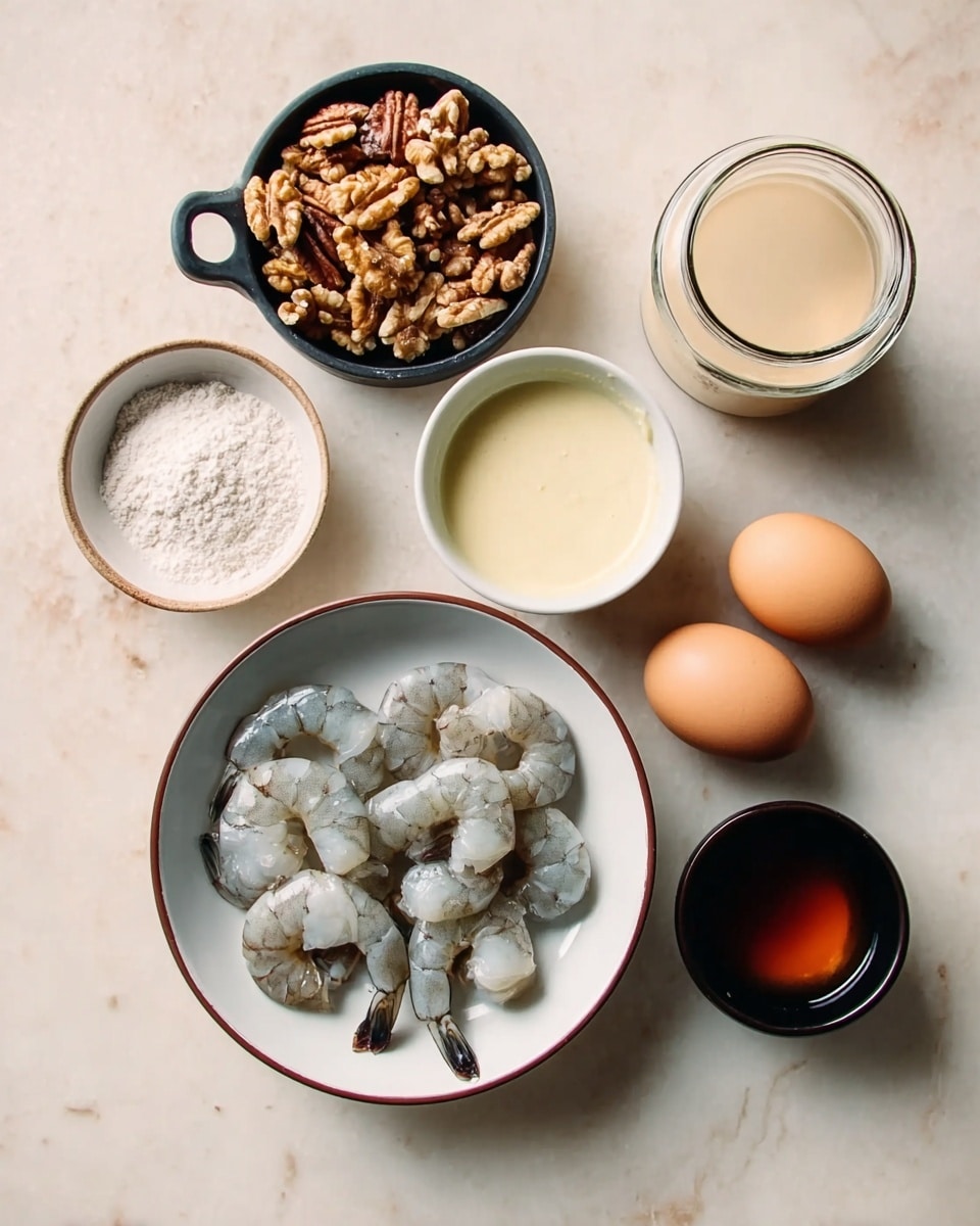 A white bowl with raw gray shrimp sits on the right side, below it is a white bowl with white powder, and near it are two brown eggs placed side by side. Above the eggs, a small white bowl holds a creamy light yellow sauce. To the upper left, a black measuring cup is full of walnut halves with a few walnuts spilled beside it. On the upper right, a clear glass jar contains a beige liquid, and a small black cup with a dark amber liquid is placed between the jar and shrimp bowl. All items are arranged on a white marbled surface. photo taken with an iphone --ar 4:5 --v 7