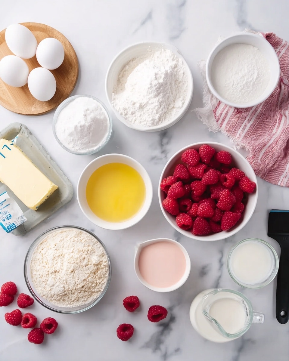 The image shows an overhead view of baking ingredients laid out on a white marbled surface. There are several white bowls and a glass bowl spread across the surface. Starting from the top left, a small round wooden board holds three piles of white powders, possibly salt and baking powders. Next to it is a white bowl filled with yellow melted butter. Beside the bowl is a stick of butter wrapped in paper. Near the top center, a large glass bowl holds white granulated sugar. To the right, a white bowl is full of fresh red raspberries sitting next to a soft pink and white striped cloth. Near the bottom, a small white bowl contains bright red raspberries. In the center bottom, a glass bowl with light brown flour and an adjacent small measuring cup holds milk. There is a white bowl with a pink creamy mixture near the center right. A small white bowl with light-colored liquid and a white egg carton containing two brown eggs are near the right side. A black kitchen tool rests between the bowls. The scene is clean and bright with a white marbled background photo taken with an iphone --ar 4:5 --v 7