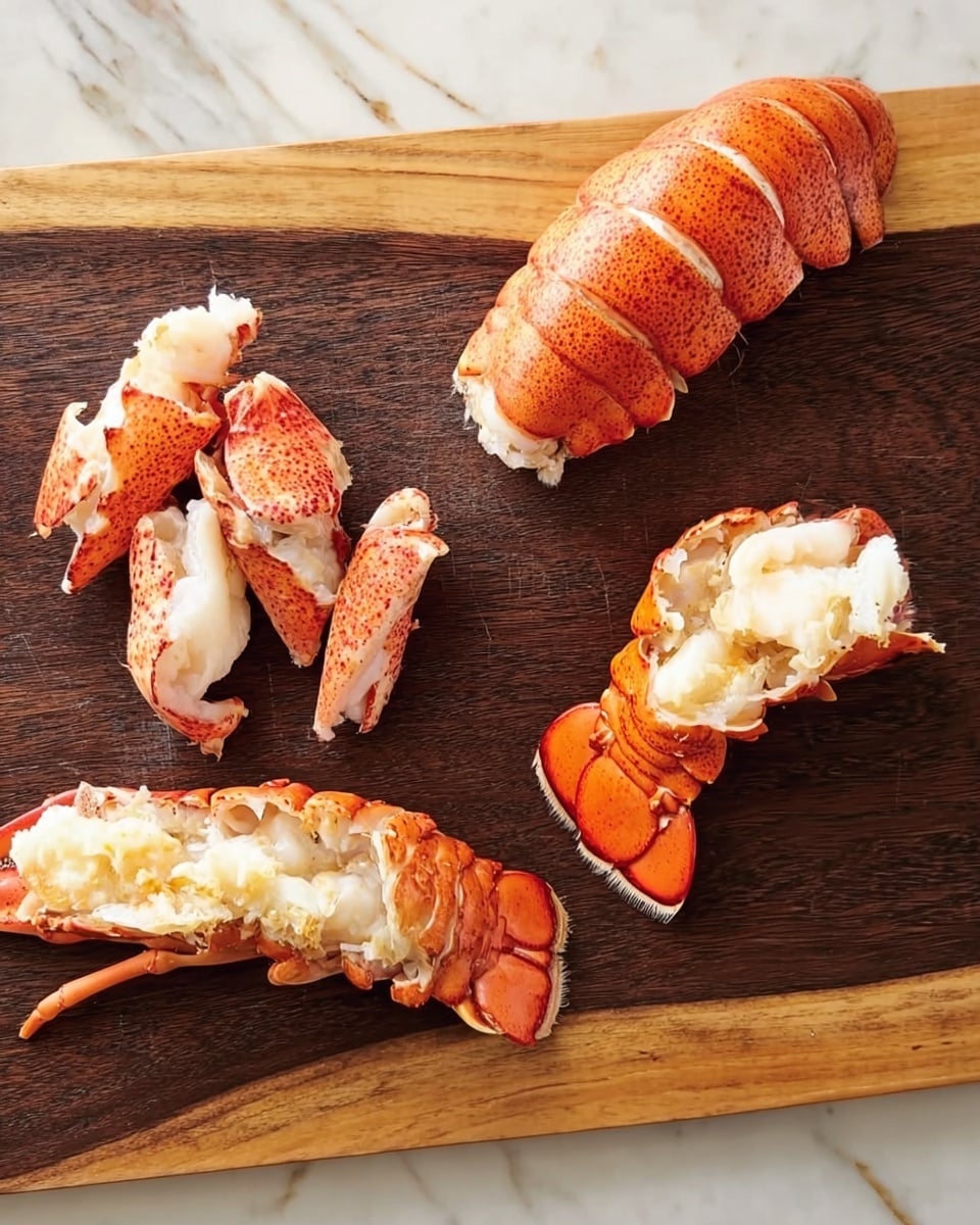 The image shows four pieces of cooked lobster placed on a dark wooden cutting board with a light wood edge at the top. The largest piece is the tail, bright orange-red with white meat visible and a rough, curved shell texture. Above it is a cluster of small claw pieces with red shells and creamy white meat inside. Below the tail are two claw sections, one fully intact with a smooth orange-red shell and the other slightly cracked open showing white meat. The background is a white marbled texture. Photo taken with an iphone --ar 4:5 --v 7