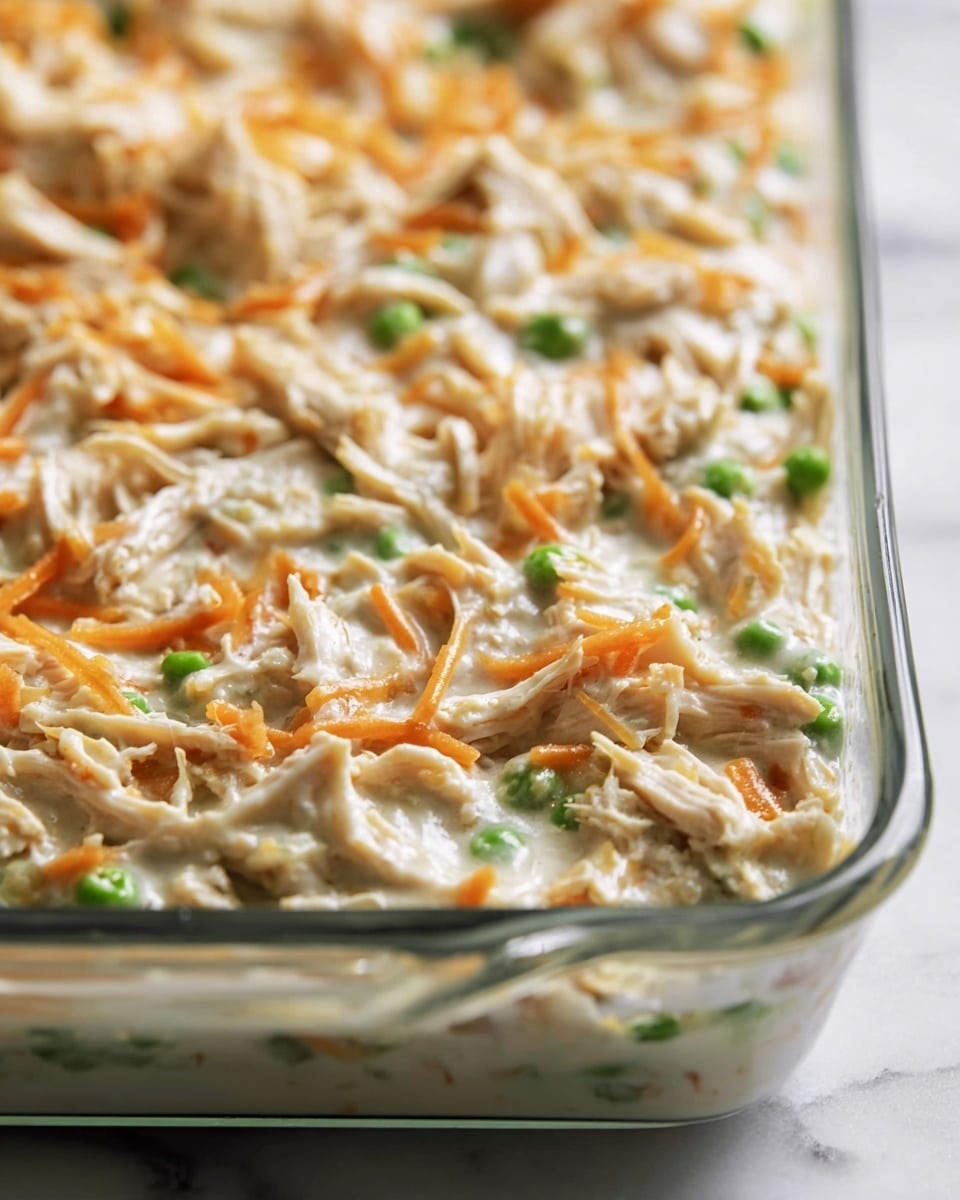 A close-up view of a creamy casserole in a clear glass baking dish, showing one layer filled with shredded white chicken pieces mixed with bright orange carrot strips and small green peas, all coated in a thick, smooth white sauce. The mixture is evenly spread across the dish, highlighting the soft and moist texture of the ingredients resting on a white marbled surface. Photo taken with an iphone --ar 4:5 --v 7