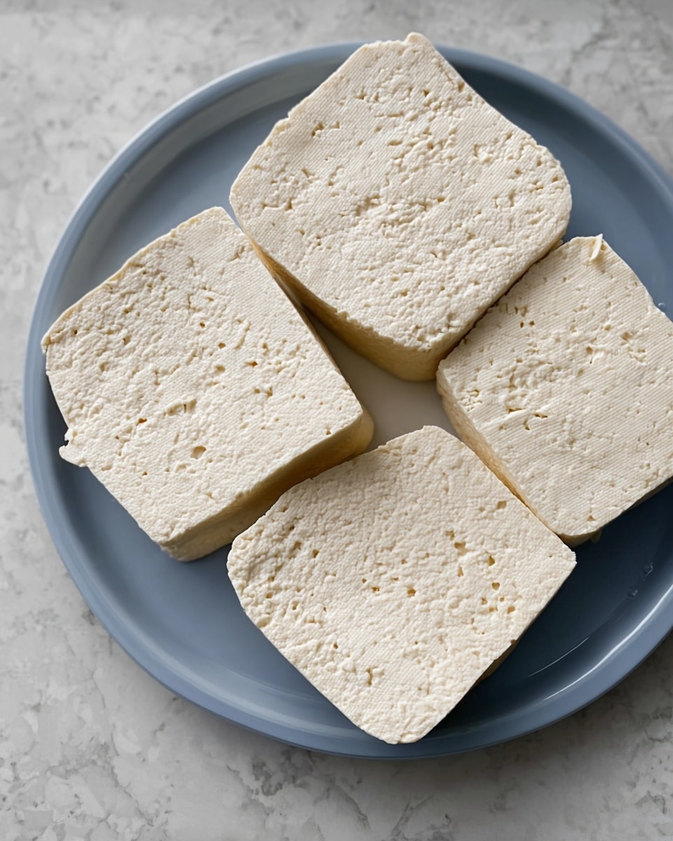 Four plain, square pieces of tofu with a light beige color and slightly rough texture are placed evenly on a white plate. Each piece has small holes and cracks on the surface and soft edges, showing a fresh and natural look. The white plate is set on a white marbled surface. Photo taken with an iphone --ar 4:5 --v 7