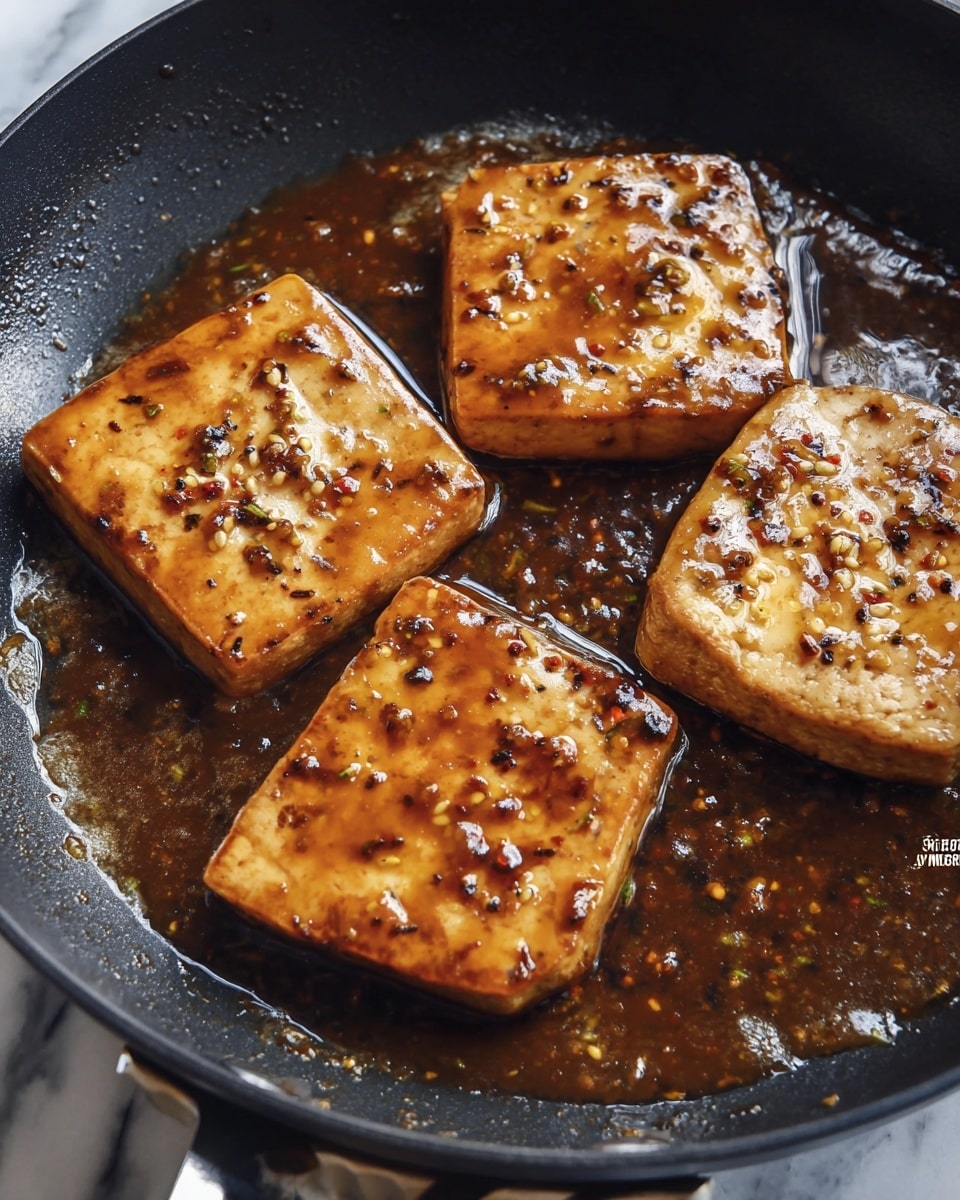 The image shows four square pieces of tofu being cooked in a black frying pan with a glossy brown sauce that has visible specks of black pepper and spices. The tofu pieces have a golden-brown color with slight grill marks, and the sauce bubbles gently around them creating a shiny layer on the tofu's surface. The texture of the tofu looks firm yet tender, with a slightly uneven surface that absorbs the sauce. The pan has a dark handle and is placed against a white marbled background. photo taken with an iphone --ar 4:5 --v 7
