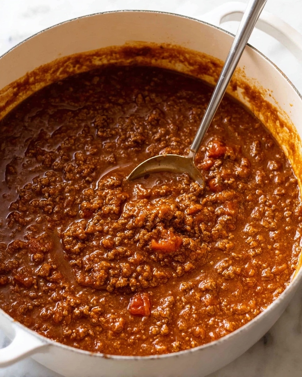 The image shows a close-up of a white pot filled with thick brown meat sauce with small bits of ground meat and small pieces of tomato visible, slightly glossy with a rich texture. A metal spoon is partially submerged in the sauce, showing the texture clearly. The pot is placed on a white marbled surface. photo taken with an iphone --ar 4:5 --v 7