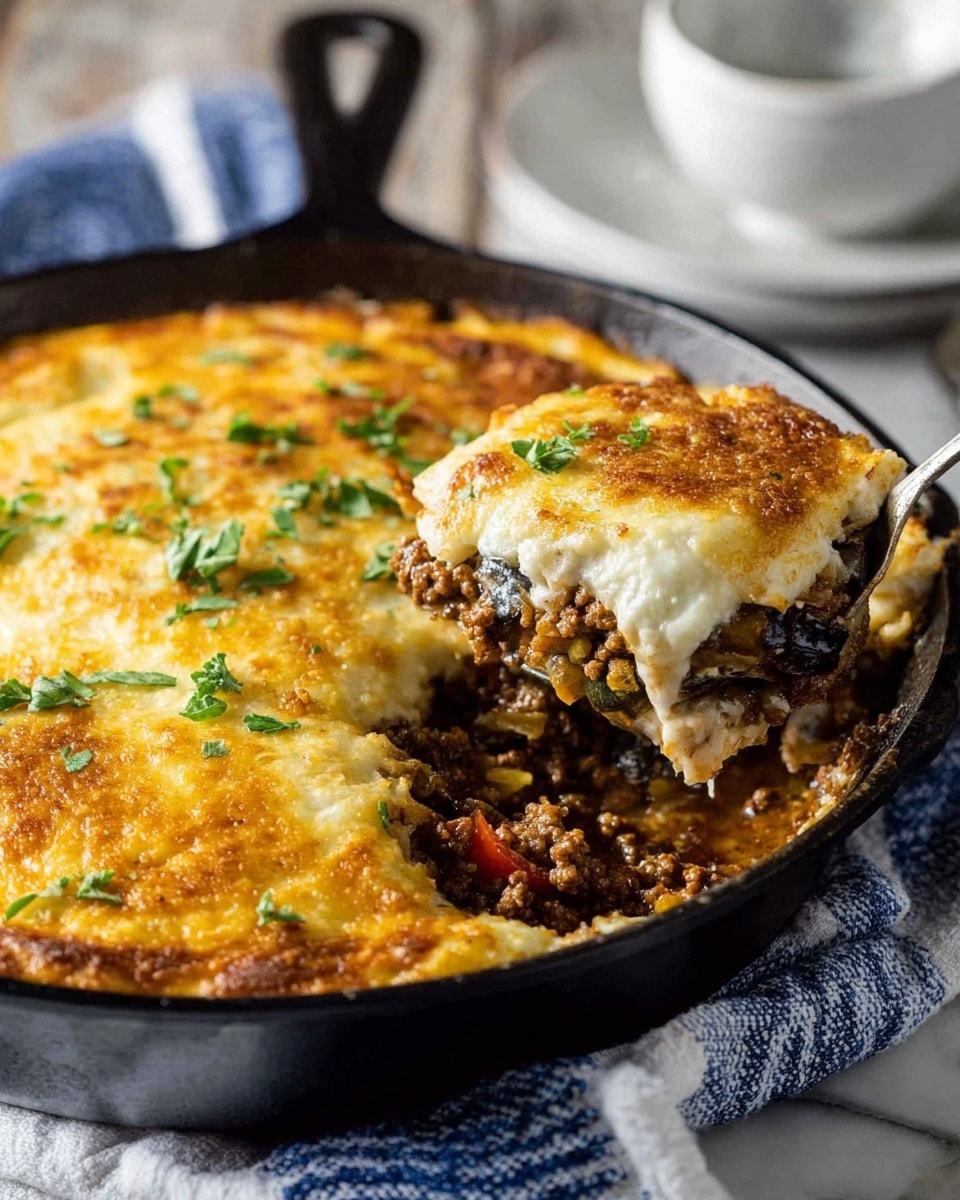 A skillet filled with a layered casserole shows a golden brown crust on top, slightly crispy and uneven with green herb leaves sprinkled as garnish. The top layer is creamy and cheesy, melting over a thick layer of cooked ground meat mixed with herbs and small pieces of vegetables, visible inside the scoop being taken out by a spoon. The casserole sits on a white marbled surface, over a blue and white striped cloth, with a white bowl blurred in the background. The colors include light golden on top, dark brown and rich red tones in the middle, and creamy white beneath the crispy top. Photo taken with an iphone --ar 4:5 --v 7