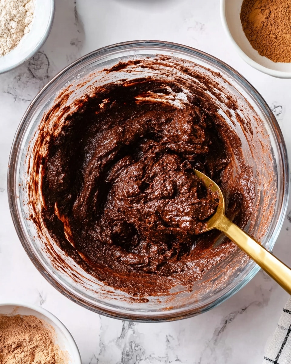 A clear glass bowl filled with thick, dark brown chocolate batter mixed unevenly, showing some dry powder on the sides of the bowl. A gold spoon is partially inserted into the batter, resting on the right side. The bowl is placed on a white marbled surface with other small white bowls partially visible around it, one containing light brown powder. Photo taken with an iphone --ar 4:5 --v 7