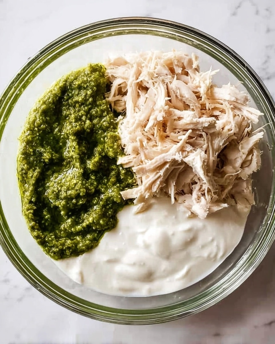 A clear glass bowl holds three different layers side by side inside it: shredded light beige chicken on the right, a bright green thick pesto sauce on the left, and a smooth white creamy sauce at the bottom. The bowl is placed on a white marbled surface. photo taken with an iphone --ar 4:5 --v 7