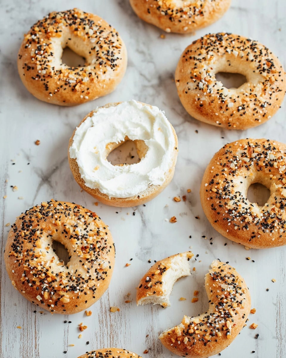 The image shows several mini bagels arranged on a white marbled surface. Each bagel is light golden brown and topped with a mix of black and white sesame seeds and bits of toasted onion. One bagel is sliced horizontally in two layers; the bottom layer is spread with a smooth, thick white cream cheese, and the top layer is placed back but slightly tilted, showing the cream cheese clearly. Another mini bagel nearby has a visible bite taken out of it. The overall look is clean and fresh, with the toasted toppings adding texture and color contrast. Photo taken with an iphone --ar 4:5 --v 7