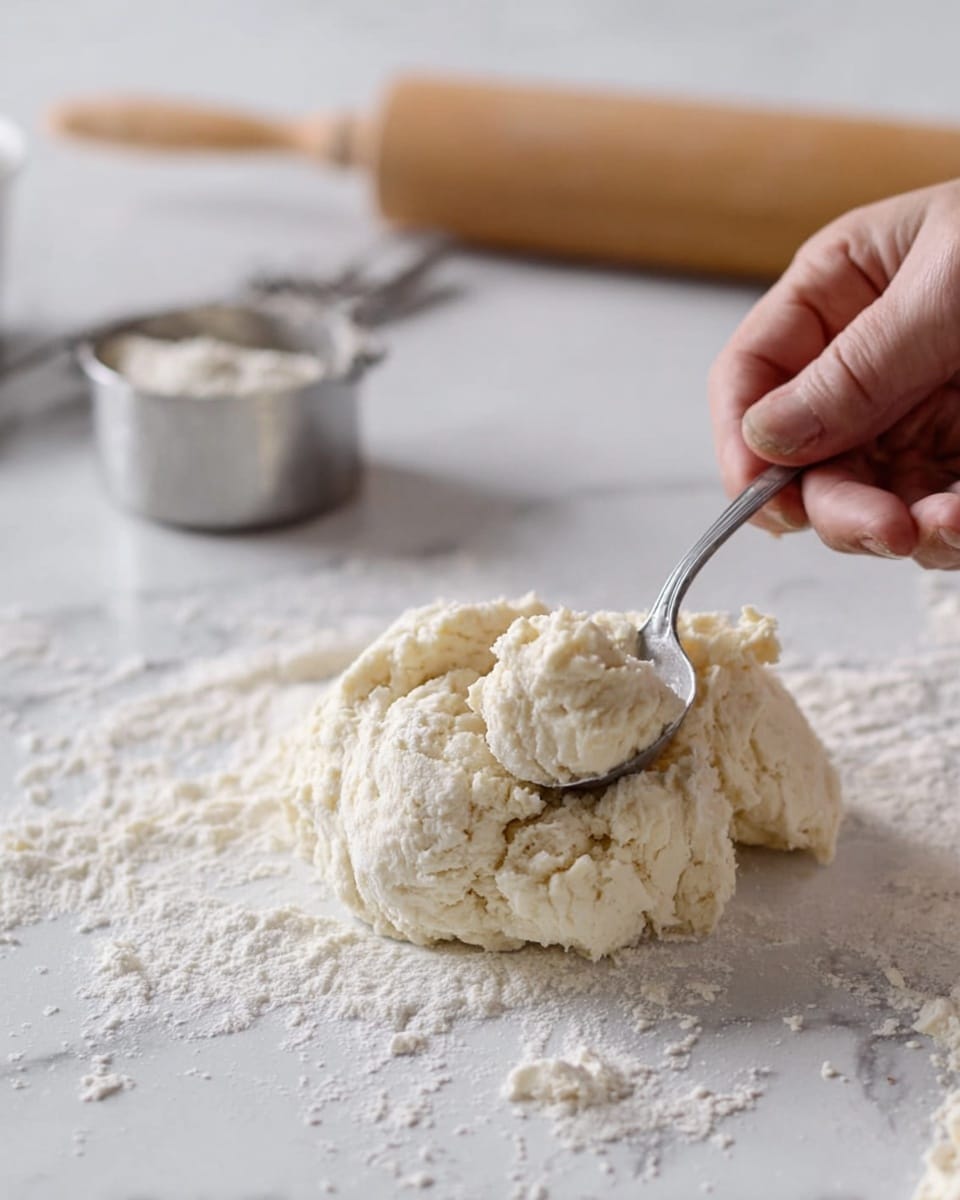 A close-up view of sticky pale dough on a white marbled surface, with some flour scattered around it. A woman's hand is using a spoon to pull a small piece from the rough-textured dough, showing soft folds and uneven lumps. In the background, slightly out of focus, there is a small metal measuring cup filled with flour and a wooden rolling pin resting on the same white marbled surface. photo taken with an iphone --ar 4:5 --v 7