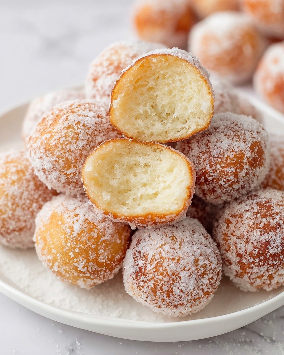 A white plate is full of small round doughnuts covered in a layer of white sugar crystals. The doughnuts are golden brown and have a rough texture from the sugar. On top of the pile, two doughnuts are broken open, showing a soft, light yellow inside with a smooth, spongy texture. The plate sits on a white marbled surface with a few more doughnuts in the blurred background. Photo taken with an iphone --ar 4:5 --v 7