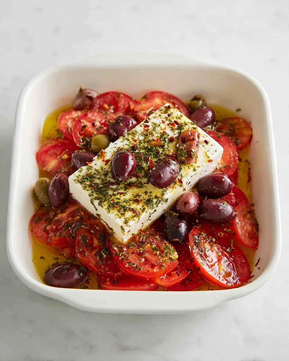 A white square dish filled with a layer of bright red tomato slices spread evenly across the bottom. In the center, there is a thick rectangular block of white cheese placed flat. On top of the cheese and scattered around the tomatoes are dark purple and green olives, some whole and some sliced. The dish is sprinkled with a green herb seasoning and drizzled with golden olive oil. The dish sits on a white marbled surface photo taken with an iphone --ar 4:5 --v 7