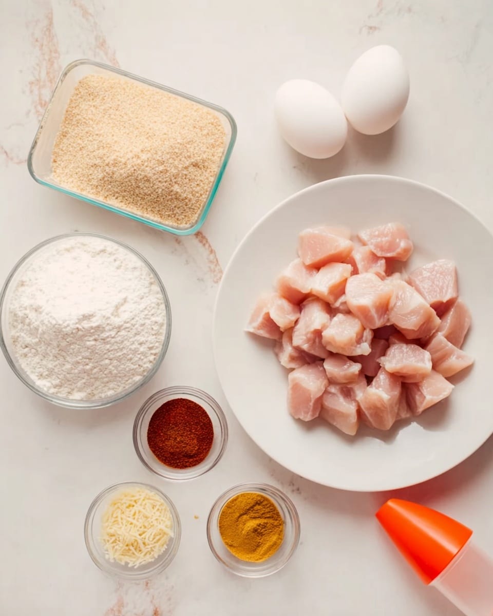 The image shows an arrangement of raw cooking ingredients on a white marbled surface. On the right is a white plate filled with small pinkish cubes of raw chicken. Next to the plate, there are two white eggs placed side by side. To the left of the eggs is a clear bowl filled with white flour. Below the flour, there is a rectangular glass container holding a light brown breadcrumb-like ingredient. Above this container, there is a small clear bowl containing grated cheese or a similar fine ingredient. Beside the cheese bowl, there is another small white bowl holding three different powdered spices in shades of red, brown, and yellow. In the bottom right corner, an orange and red bottle cap from a squeeze bottle is partially visible. photo taken with an iphone --ar 4:5 --v 7