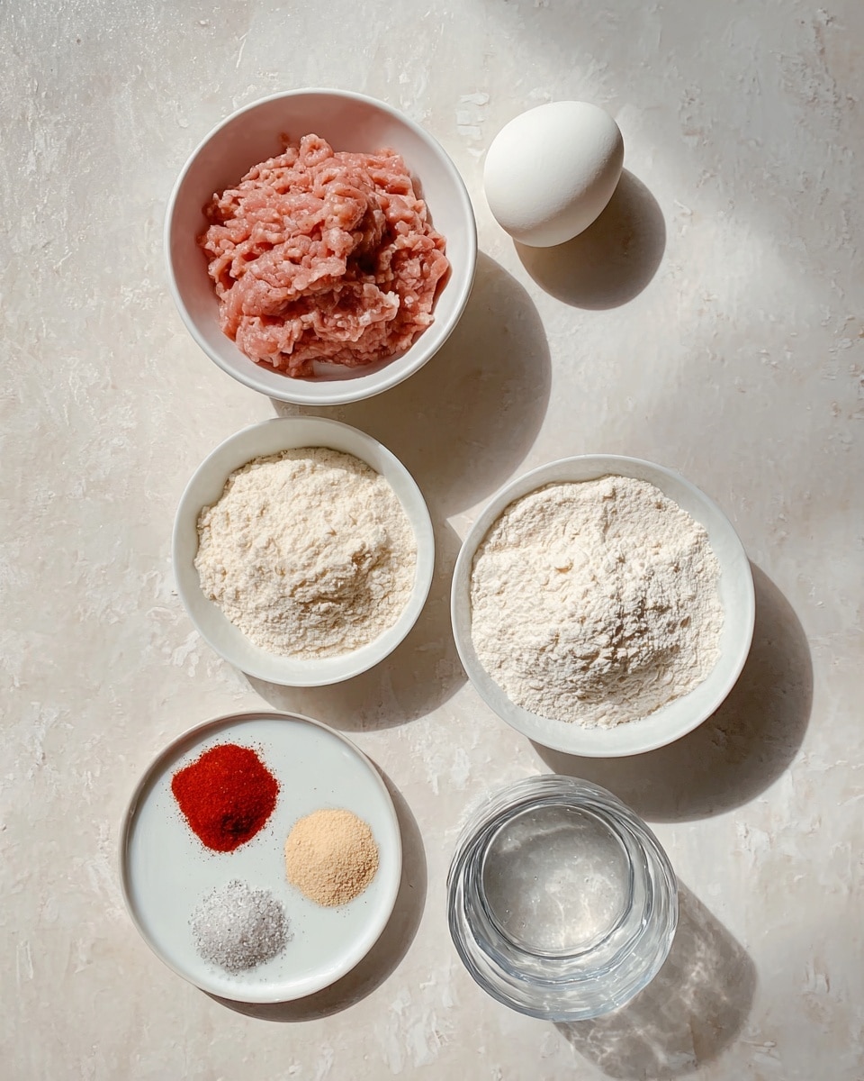 The image shows seven ingredients arranged neatly on a white marbled surface. At the top is a white bowl filled with raw, finely ground pink meat. Below it, a white egg sits by itself casting a soft shadow. To the right of the egg, there is a white bowl full of white flour with a slightly rough texture. Below that bowl, there is another white bowl filled with a powdery, white substance. To the left at the bottom, a white plate holds four small piles of spices: bright red, pale beige, light gray, and a sandy beige. To the right of this plate is a clear glass filled with water and next to it, a small white dish filled with salt. The whole arrangement is simple and clean, with sharp shadows creating depth. photo taken with an iphone --ar 4:5 --v 7