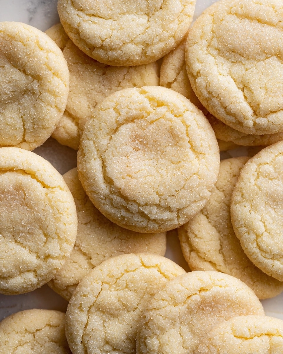 Several round, light golden cookies with a slightly cracked, sugar-coated surface are spread out on a white marbled background. The cookies have a soft texture with fine sugar crystals that add a gentle sparkle. One cookie near the center has a small bite taken out, showing its soft inside. The arrangement is casual with the cookies overlapping lightly, showcasing their uniform size and shape. photo taken with an iphone --ar 4:5 --v 7