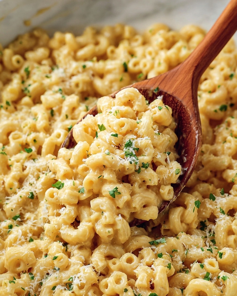 The image shows a close-up of creamy macaroni pasta mixed evenly with a cheese sauce, giving it a shiny, smooth texture in a light golden-yellow color. Small pieces of chopped green herbs are sprinkled throughout the pasta, adding a fresh contrast. On top, fine grated cheese adds a slight crumbly texture and white color. A wooden spoon with a warm brown tone scoops some of the pasta, lifting it above the creamy mixture beneath, with the pasta tightly packed on the spoon. The background is a white marbled texture. photo taken with an iphone --ar 4:5 --v 7