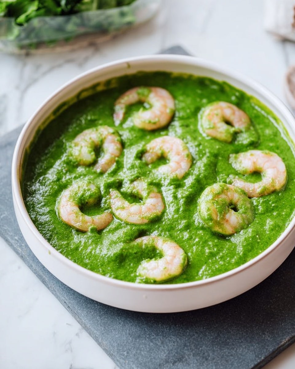 A white deep bowl filled with a thick bright green sauce covering pink shrimp evenly placed on top, showing their curved shape and light texture, sitting on a white marbled surface with a slight visible leafy greens package on the side, photo taken with an iphone --ar 4:5 --v 7