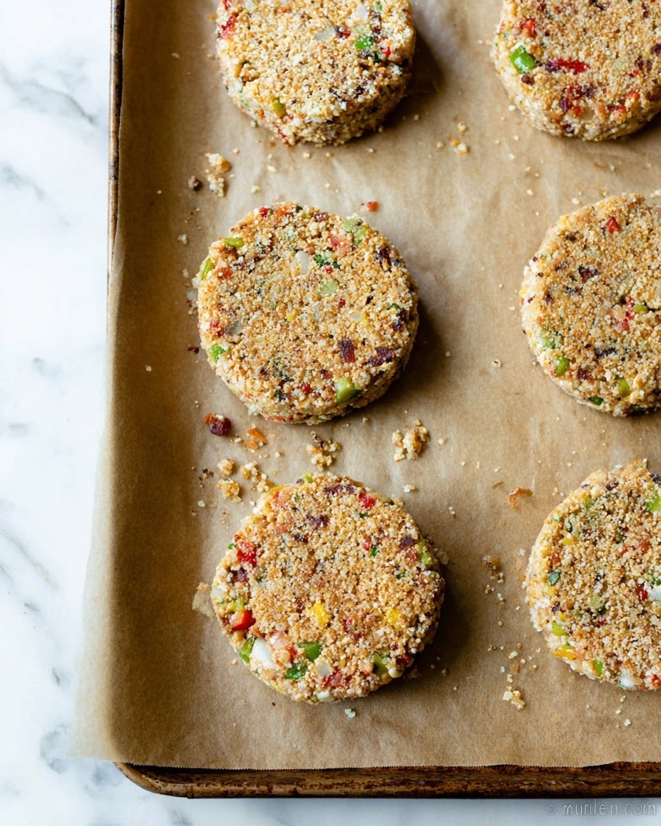 The image shows five round, uncooked patties on a baking sheet lined with brown parchment paper. Each patty has a crumbly surface with small pieces of green, red, and white ingredients visible, giving a mixed-color texture. The patties are about the same size and thickness, and they are spaced evenly with some crumbs scattered around them. The baking sheet is on a white marbled surface, and no other objects are visible. photo taken with an iphone --ar 4:5 --v 7