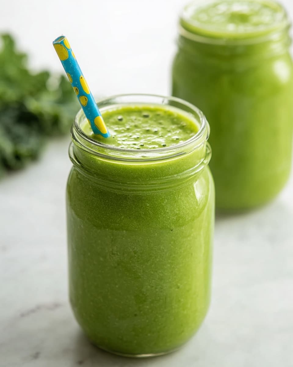 The image shows two clear glass jars filled with a thick, bright green smoothie. The jar in the front is slightly to the left and has a blue paper straw with yellow fruit patterns sticking out from the top. The smoothie surface is smooth but shows small bubbles and texture. The second jar is positioned blurred in the background to the right, filled with the same green smoothie. The jars sit on a white marbled surface with a blurred green leafy vegetable on the left side. The overall look is fresh and healthy with bright natural lighting. photo taken with an iphone --ar 4:5 --v 7