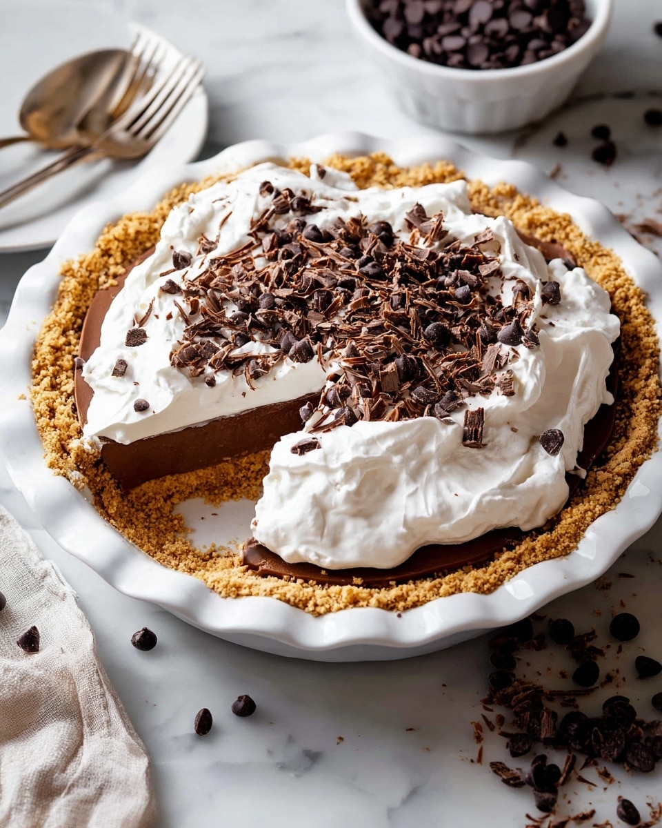 A three-layered pie sits on a white scalloped pie dish placed on a white marbled surface. The bottom layer is a thick, crumbly golden-brown crust made of crushed biscuits, forming a wide base that extends up the sides. The middle layer is a smooth, dark brown chocolate filling, rich and dense, covering the crust evenly. On top is a fluffy, white whipped cream layer, spread thick with soft peaks and swirls. Dark brown chocolate curls are sprinkled generously over the whipped cream, adding texture and contrast. Around the pie, there are scattered chocolate chips and a small white bowl filled with more chocolate chips, complementing the scene. Photo taken with an iphone --ar 4:5 --v 7