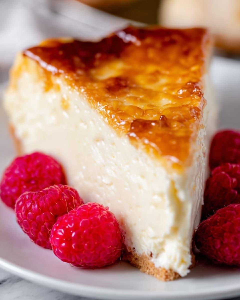 A close-up image of a single slice of cheesecake with a golden caramelized top layer that looks slightly crispy and shiny. The cheesecake layer beneath is creamy white, smooth, and thick, making up most of the slice. The base is a thin, crumbly crust that is light brown and visible at the bottom. The slice is placed on a white plate, surrounded by several fresh bright red raspberries that add a pop of color and a soft texture contrast. The white marbled surface is faintly visible under the plate. The photo is taken with a woman's hand holding the plate, focused on the delicious dessert. photo taken with an iphone --ar 4:5 --v 7