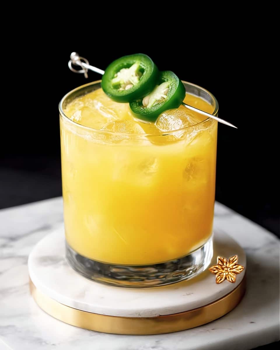 A short clear glass filled with bright yellow-orange juice and ice cubes sits on a round white marble coaster with a gold edge and small gold flower decoration beside it, all set on a white marbled surface. Three fresh green jalapeño slices, showing their seeds and texture, are skewered on a silver pick resting across the top of the glass. The background is black, making the colors pop. photo taken with an iphone --ar 4:5 --v 7
