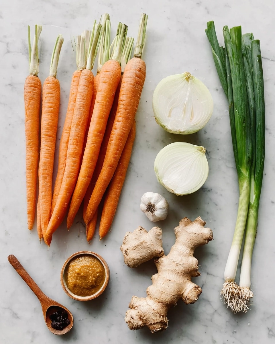 The image shows a group of fresh orange carrots placed side by side at the top left, with their smooth skin and green ends mostly trimmed. To the right of the carrots, there are two halves of a white onion with visible layers and rough outer skin. Below the onion is a piece of light brown ginger root with its rough, knobby texture. At the bottom left, a woman's hand holds a small wooden spoon filled with yellow-brown paste, next to another smaller wooden spoon holding a dark brown paste. Near these are a whole bulb of white garlic and a bunch of green onions with long dark green leaves and white bases. The items are set on a white marbled surface. photo taken with an iphone --ar 4:5 --v 7