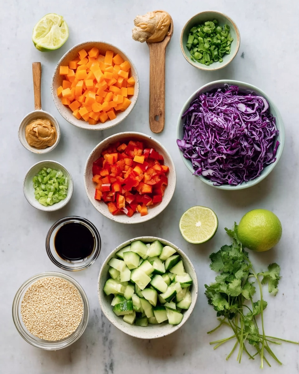 The image shows several small white bowls arranged on a white marbled surface, each filled with a different chopped ingredient: a bowl of small orange carrot pieces, a bowl of chopped green cucumber, a bowl of finely chopped red bell peppers, and a bowl of shredded purple cabbage. There is also a bowl filled with light beige sesame seeds. Near the bowls are a few other ingredients including a small bowl of chopped green onions, a small glass bowl of dark soy sauce, another small glass bowl with a light brown liquid, a wooden spoon with a mound of light brown peanut butter, a piece of fresh ginger root, a bunch of fresh green cilantro, and a halved lime with bright green skin and pale green inside. photo taken with an iphone --ar 4:5 --v 7