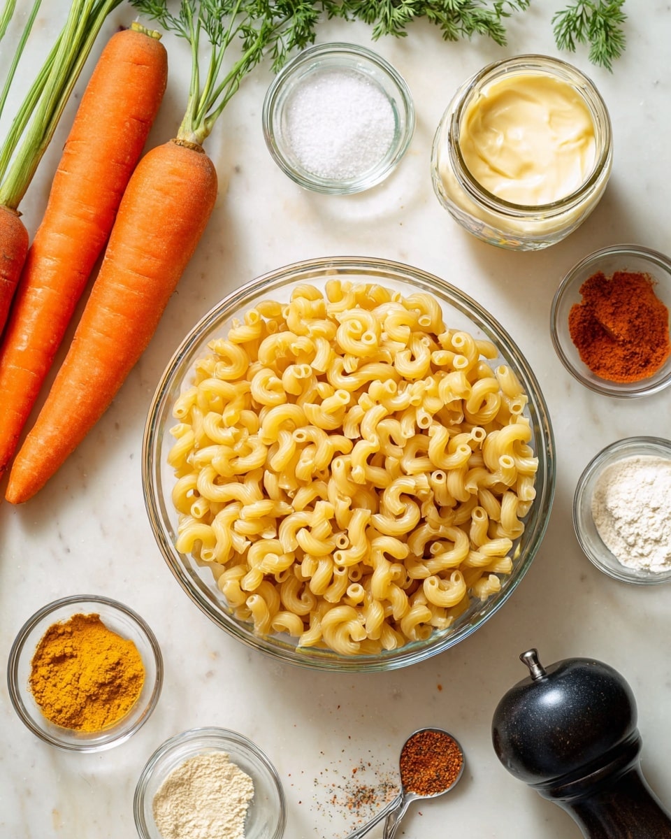 A clear glass bowl filled with uncooked elbow macaroni pasta sits in the center on a white marbled surface. Around the bowl are various small glass containers holding white granulated salt, orange-red paprika, white garlic powder, and yellow turmeric powder. On the left side, there are two fresh whole carrots with green tops and a jar of mayonnaise with a spoonful resting beside it. To the right, there is a black pepper grinder with some ground pepper spilled near it. The arrangement is neat, bright, and colorful with a focus on the yellow pasta and natural ingredients photo taken with an iphone --ar 4:5 --v 7