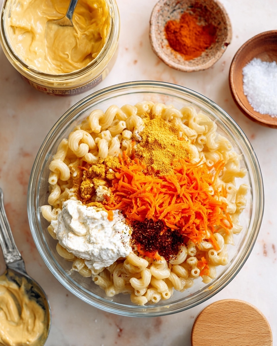 A clear glass bowl sits on a white marbled surface, filled with three main layers: the bottom layer is pale yellow cooked elbow macaroni, the middle layer has bright orange shredded carrots sprinkled unevenly, and the top layer shows a dollop of thick white yogurt mixed with light beige garlic powder, dark red paprika, bright yellow turmeric, coarse salt, and black pepper flakes scattered on top. Around the bowl, there is an open jar of mustard with creamy yellow contents, a spoon with some mustard on it, a small bowl with a reddish spice, and a wooden container holding coarse salt. Photo taken with an iphone --ar 4:5 --v 7