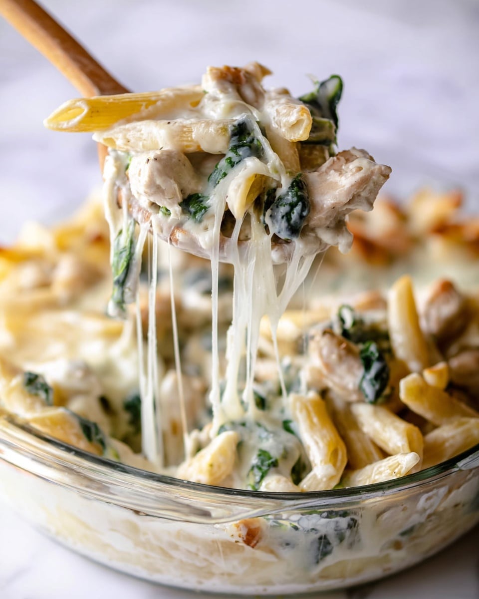 The image shows a close-up of creamy pasta being lifted by a wooden spoon from a clear glass dish. The pasta is penne, coated in a thick white sauce with melted cheese that stretches in thin strings. There are pieces of cooked chicken and dark green spinach leaves mixed evenly throughout the pasta. The dish sits on a white marbled surface with soft, natural lighting highlighting the creamy texture and color contrasts between the pale pasta, white sauce, and green spinach. Photo taken with an iphone --ar 4:5 --v 7