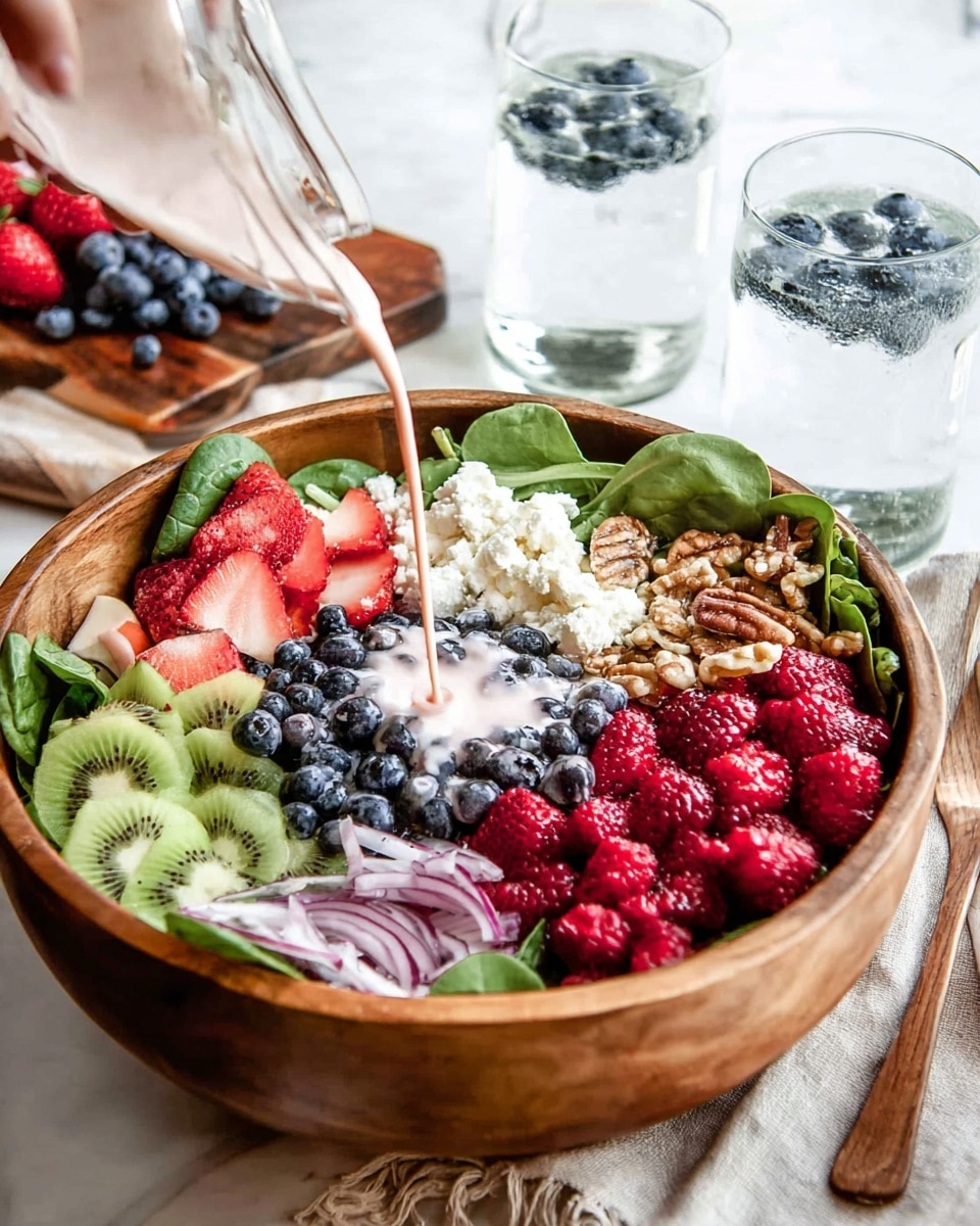 A wooden bowl filled with fresh green spinach leaves forms the base layer, creating a vibrant, leafy texture. Scattered evenly on top are bright red strawberries cut into small pieces, juicy red raspberries, and round, dark blue blueberries adding rich pops of color. Small chunks of white cheese are sprinkled throughout, providing creamy contrast against the fruit and greens. A silver fork rests inside the bowl, lifting a mix that shows a close-up of the varied textures and colors. The whole scene sits on a white marbled surface, making the colors stand out clearly. Photo taken with an iphone --ar 4:5 --v 7