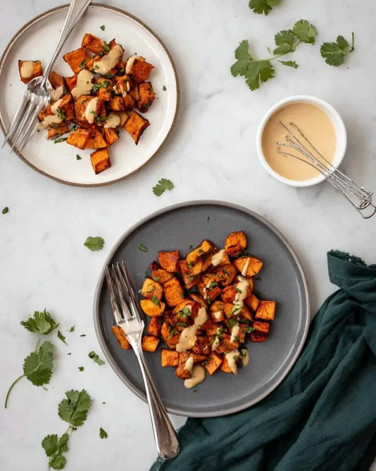 Harissa Roasted Sweet Potatoes with Tahini Maple Sauce Recipe