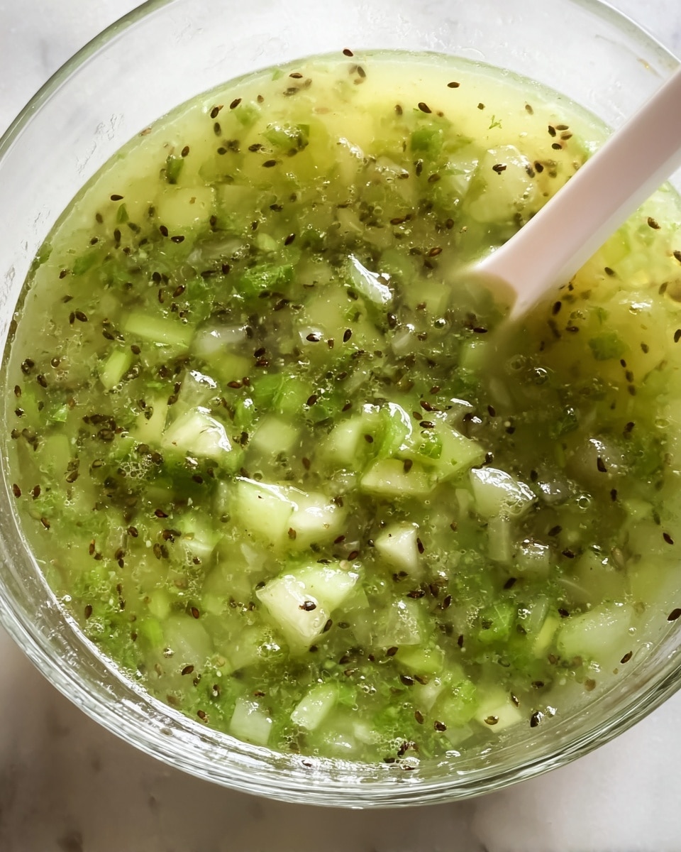 A close-up image shows a clear glass bowl filled with a green liquid mixture that contains small, chunky pieces of soft green fruit or vegetable. Dark tiny seeds are spread evenly throughout the liquid, which appears slightly bubbly or fizzy. A white ladle is partially submerged in the mixture, and it looks like a thick, fresh sauce or dressing. The bowl is placed on a white marbled surface. photo taken with an iphone --ar 4:5 --v 7