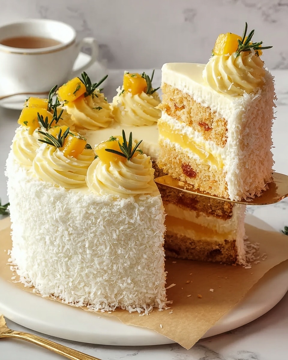 A slice of light-colored layered cake sits on a white plate, showing three thick sponge cake layers with creamy white frosting in between and on top. Bright orange mango sauce is drizzled inside the layers and on the side of the cake. Next to the cake slice, there is a scoop of pale yellow ice cream and a small green herb, possibly rosemary. A golden fork lies on the edge of the plate. In the background, there is a white marbled surface with a few pieces of cubed mango and a slice of lime visible. Photo taken with an iphone --ar 4:5 --v 7