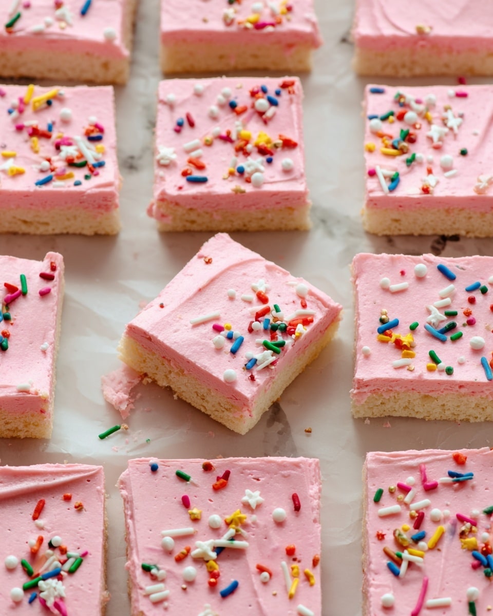 The image shows several square pieces of dessert arranged closely on a white marbled surface. Each piece has two visible layers: a light beige bottom layer with a soft, crumbly texture and a thick, smooth top layer of bright pink frosting. The frosting is decorated with small, colorful sprinkles scattered unevenly, including round, stick, and star shapes in various colors like red, green, yellow, blue, white, and purple. The pieces are placed directly on parchment paper with some small gaps between them, giving a neat grid-like layout. One piece is slightly lifted, showing a clear side view of the two layers. Photo taken with an iphone --ar 4:5 --v 7