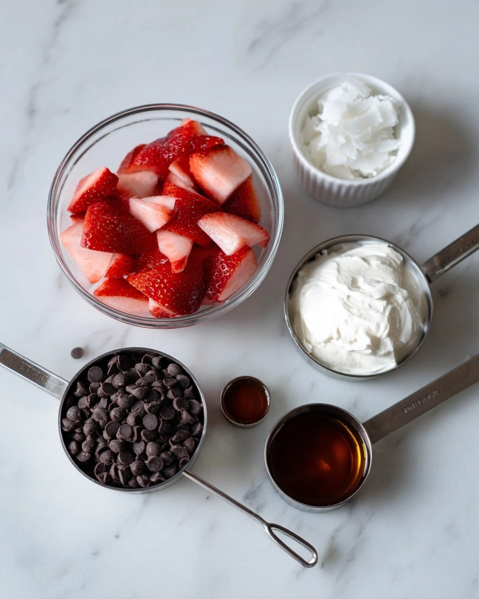 The image shows a white marbled surface holding several ingredients placed separately. There is a clear glass bowl in the center filled with cut pieces of bright red and pale pink strawberries. To the right, a small metal measuring spoon contains a dark brown liquid. To the front left, a metal measuring cup is full of small, round dark brown chocolate chips with a shiny surface. Next to it is a metal measuring spoon filled with a golden brown syrup. Behind the chocolate chips is a metal cup filled with thick white cream with a smooth texture. At the top, a white bowl contains a small amount of white, solid coconut oil with a soft, fluffy texture. The setup is neat and simple with a focus on the color contrast between the white, red, brown, and dark chocolate tones. Photo taken with an iphone --ar 4:5 --v 7