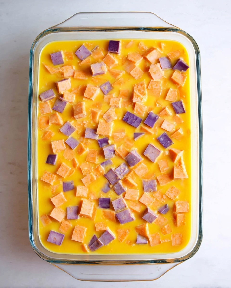 A clear glass baking dish filled with a thick yellow liquid layer topped with small, evenly spread cubes of light orange and purple-skinned sweet potatoes. The sweet potato cubes float on the surface of the yellow mixture that covers the entire dish. The scene is set on a white marbled texture surface. photo taken with an iphone --ar 4:5 --v 7