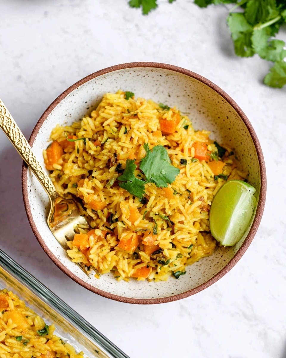 A clear rectangular glass baking dish filled with a mixed rice dish that has a light yellow color with visible orange pieces of carrots and small green herb leaves scattered on top. The rice looks fluffy and has some texture from the vegetables mixed in. There is a half lime placed on the top right corner of the dish. Around the baking dish, there is a white marbled surface with a bunch of fresh green herbs on the top left and two whole limes, one whole and one half, at the bottom left near a floral-patterned cloth. The overall look is fresh, colorful, and inviting. photo taken with an iphone --ar 4:5 --v 7