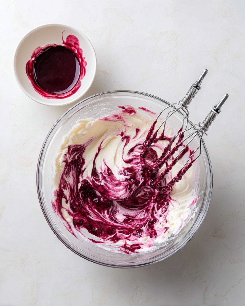 A clear glass bowl sits on a white marbled surface with electric beaters inside, mixing two layers: a smooth, creamy white layer representing whipped cream or frosting, and a thick, glossy deep purple layer of berry sauce swirling together, creating a marbled effect with streaks and folds of both colors. To the top left of the bowl, a small white bowl holds a pool of the same rich purple sauce with some dripping over the side, adding contrast to the bright white background. photo taken with an iphone --ar 4:5 --v 7