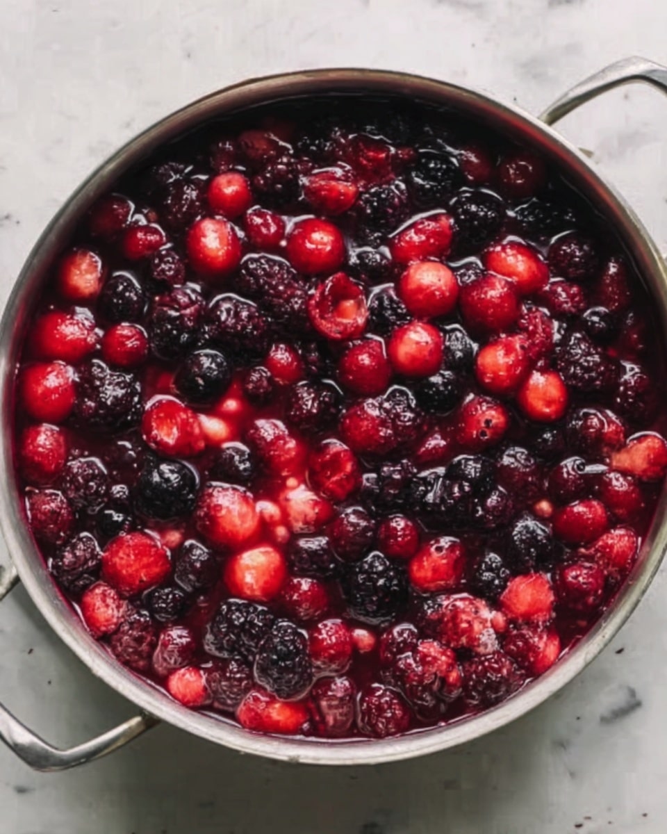 A close-up top view of a large round metal pot filled with a mix of red and dark purple berries. The berries are different in size and shape, some small and round while others are bigger and more irregular. The berries are soaked in bright red juice, making the whole mix shiny and wet. The pot handles are slightly visible on both sides. The pot is placed on a white marbled surface. photo taken with an iphone --ar 4:5 --v 7