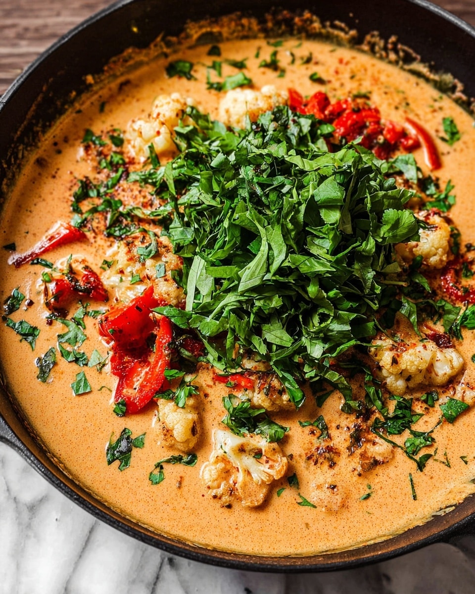 A black pan holds a creamy orange sauce base with specks of seasoning and some visible small chunks. Within the sauce, there are pieces of white cauliflower and bright red pepper slices scattered around. On top of this, there is a generous pile of fresh dark green leafy herbs placed in the center, adding vibrant color and freshness. The background is a white marbled surface. Photo taken with an iphone --ar 4:5 --v 7